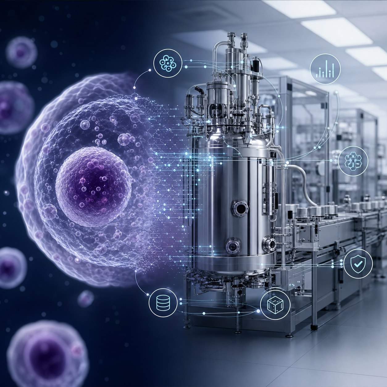 A biological cell connected to controlled, automated cell therapy production equipment.